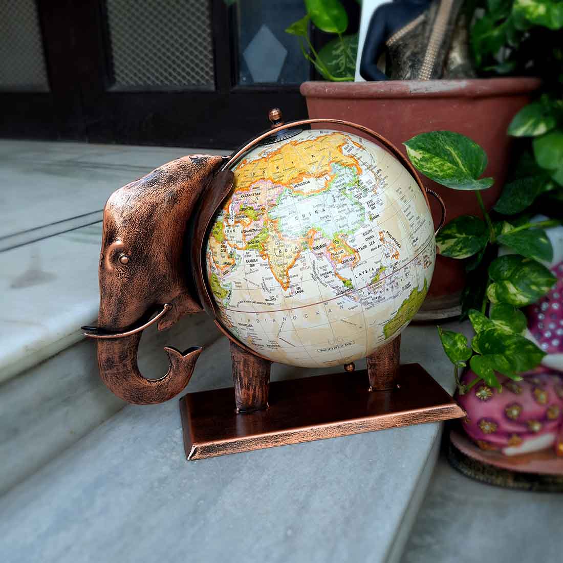 Elephant Globe - Antique Showpiece - For Table Decor & Gifts - 11 Inch - ApkaMart #Color_Copper