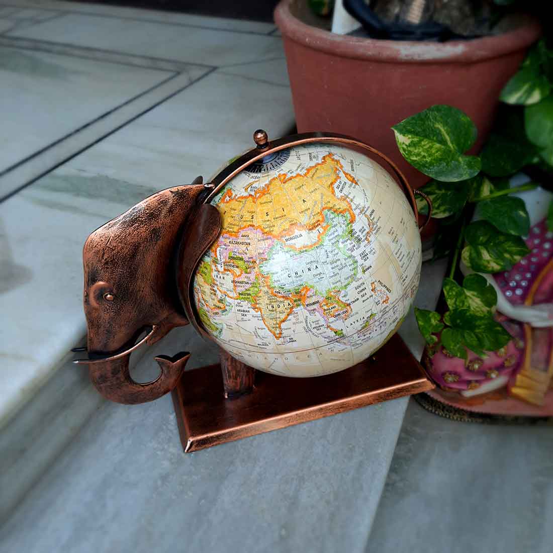 Elephant Globe - Antique Showpiece - For Table Decor & Gifts - 11 Inch - ApkaMart #Color_Copper