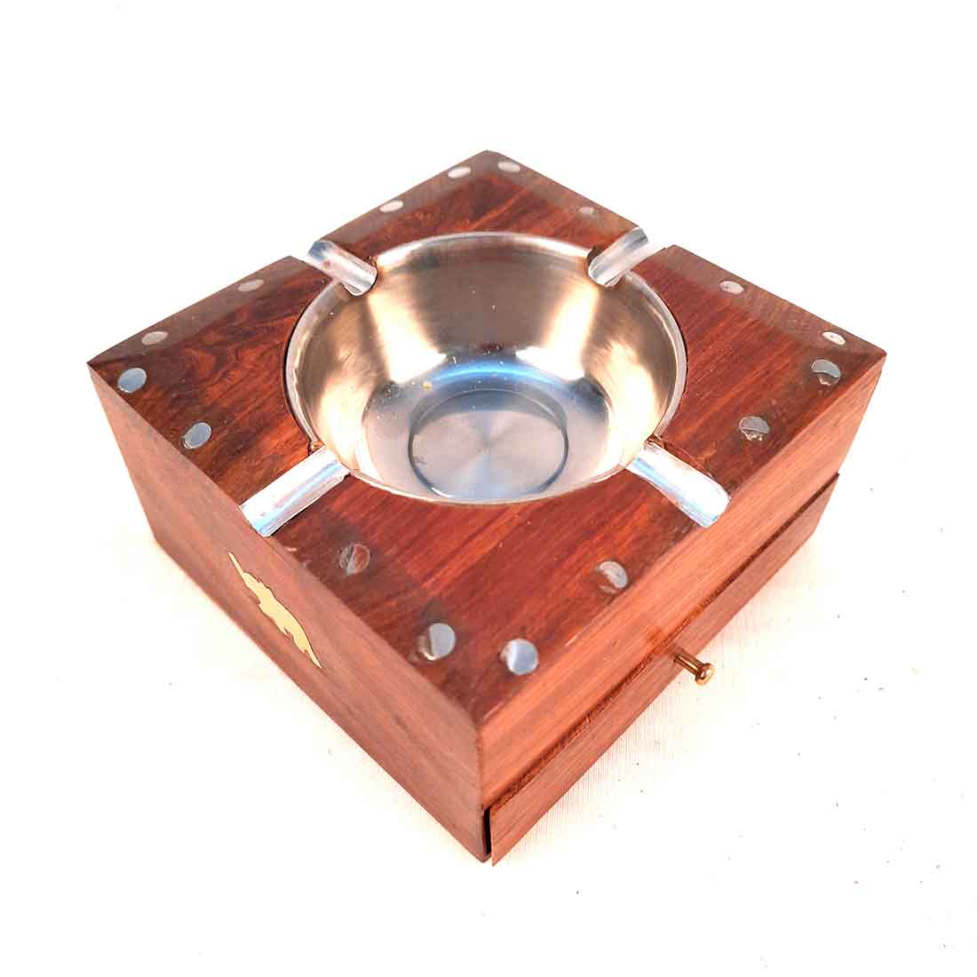 Wooden Decorative Ashtray with Small Storage - for Home, Car, Garden & Bar - 4 Inch - ApkaMart