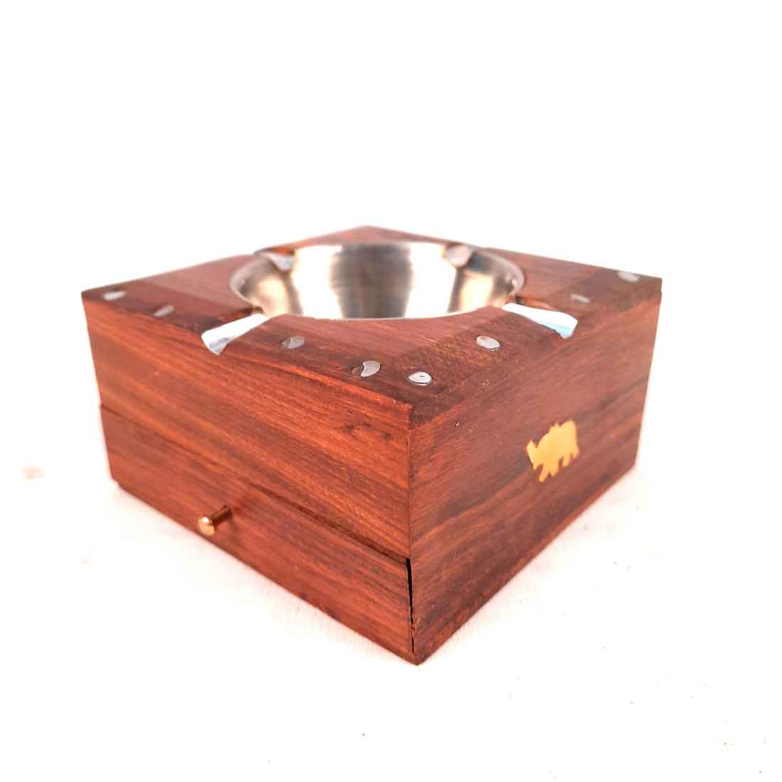 Wooden Decorative Ashtray with Small Storage - for Home, Car, Garden & Bar - 4 Inch - ApkaMart