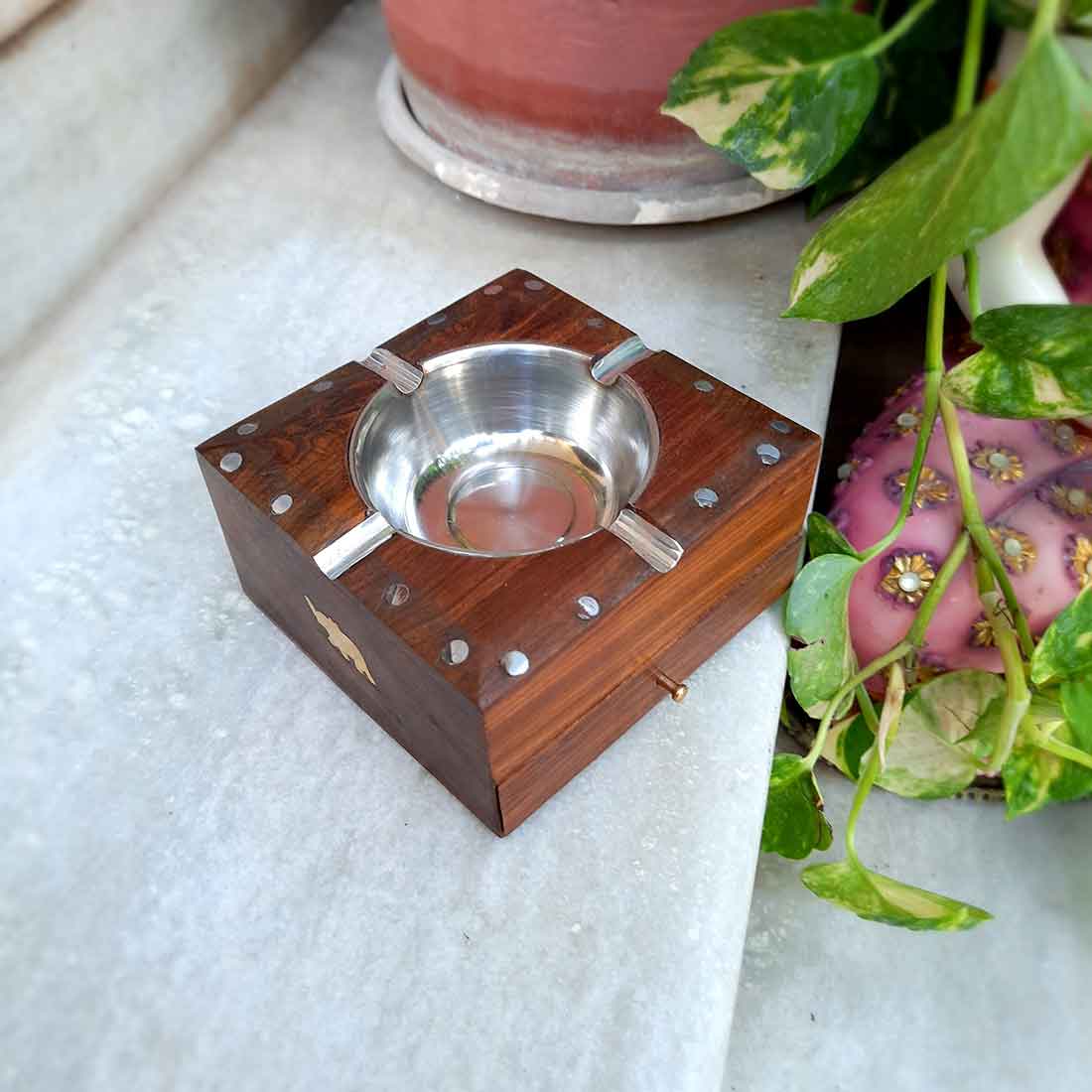 Wooden Decorative Ashtray with Small Storage - for Home, Car, Garden & Bar - 4 Inch - ApkaMart