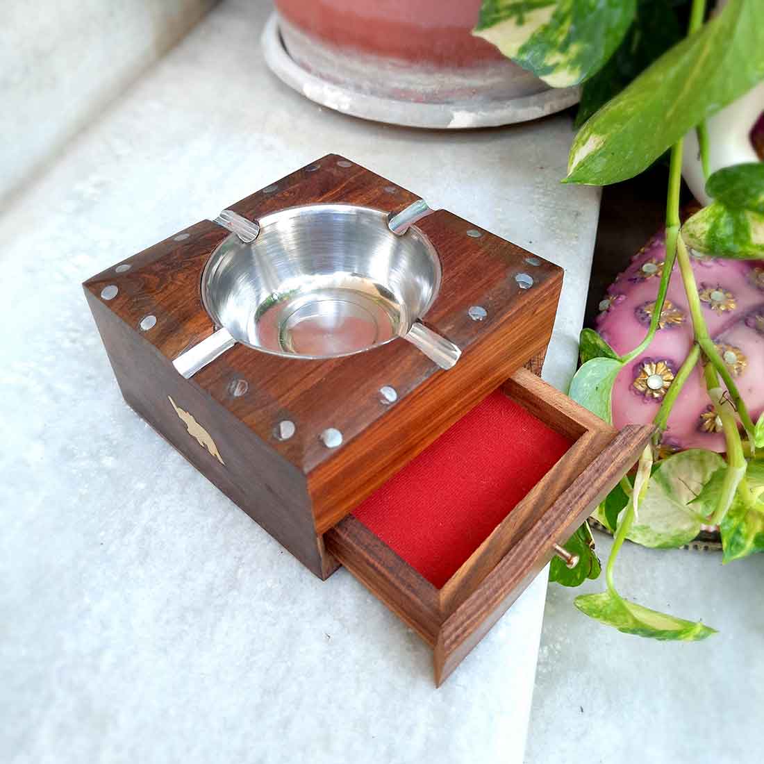 Wooden Decorative Ashtray with Small Storage - for Home, Car, Garden & Bar - 4 Inch - ApkaMart