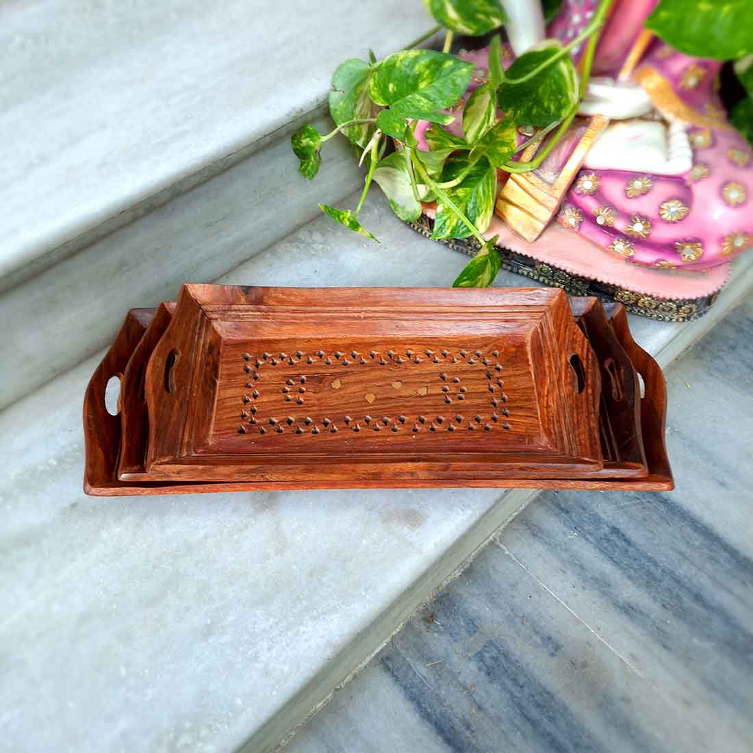 Wooden Serving Tray Set - Dry Fruit Serving Tray - Set of 3 - ApkaMart