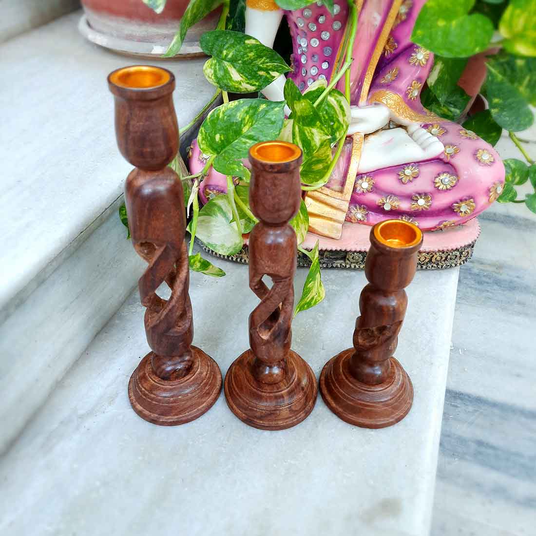 Wooden Tea Light Candle Holder - 10 Inch - Set of 3 - ApkaMart