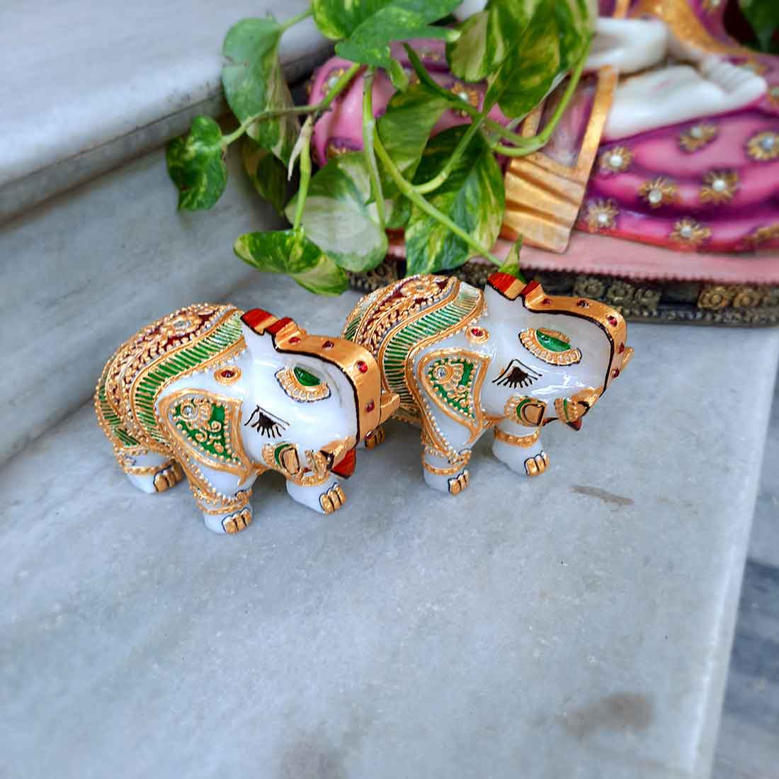 Elephant Showpiece Marbel - For Center Table & Home Decoration - 3 Inch -Set of 2 - ApkaMart