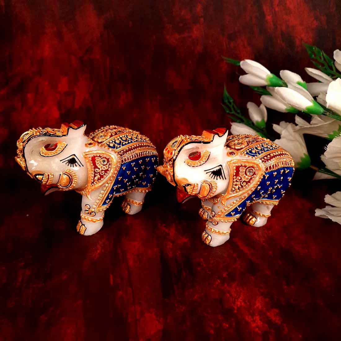 Marble Elephant Showpiece - For Home, Living Room & Table Decor - 4 Inch - Set of 2 - ApkaMart