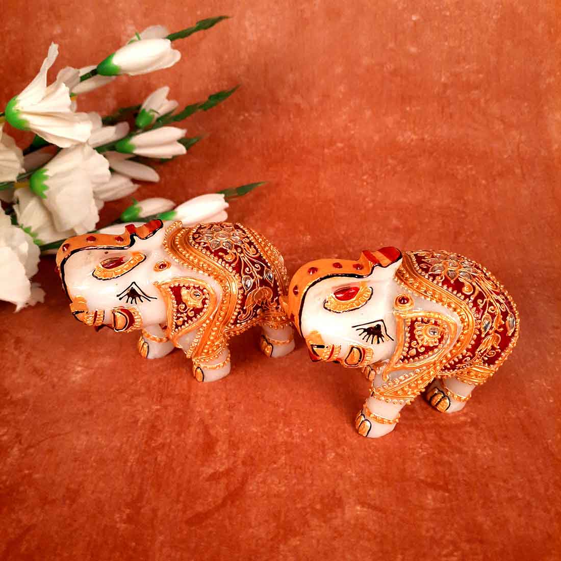 Marble Elephant Showpiece  - For Home, Living Room & Table Decor - 4 Inch Set of 2 - ApkaMart
