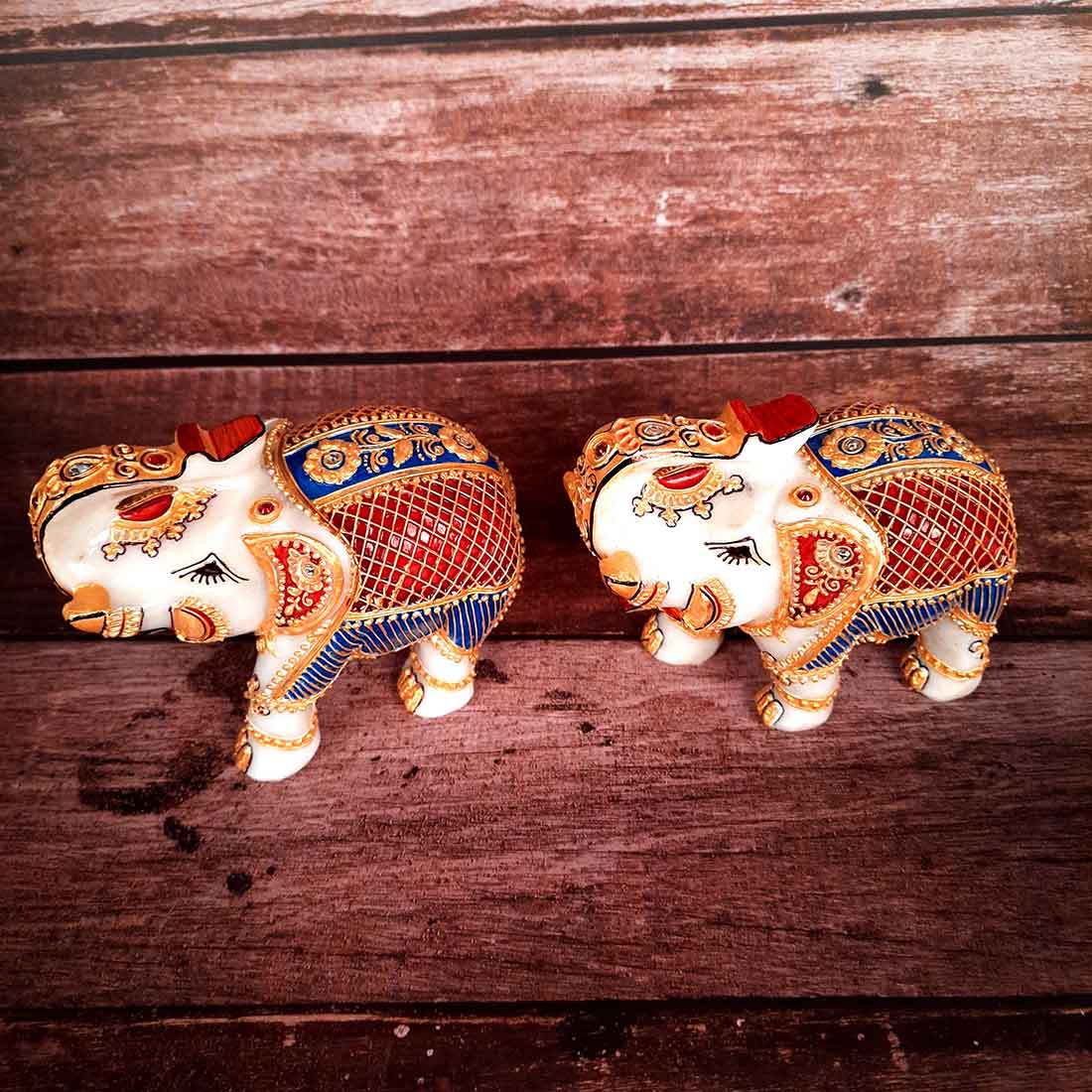 Elephant Showpiece Marbel - For Center Table & Home Decoration - 5 Inch -Set of 2 - ApkaMart