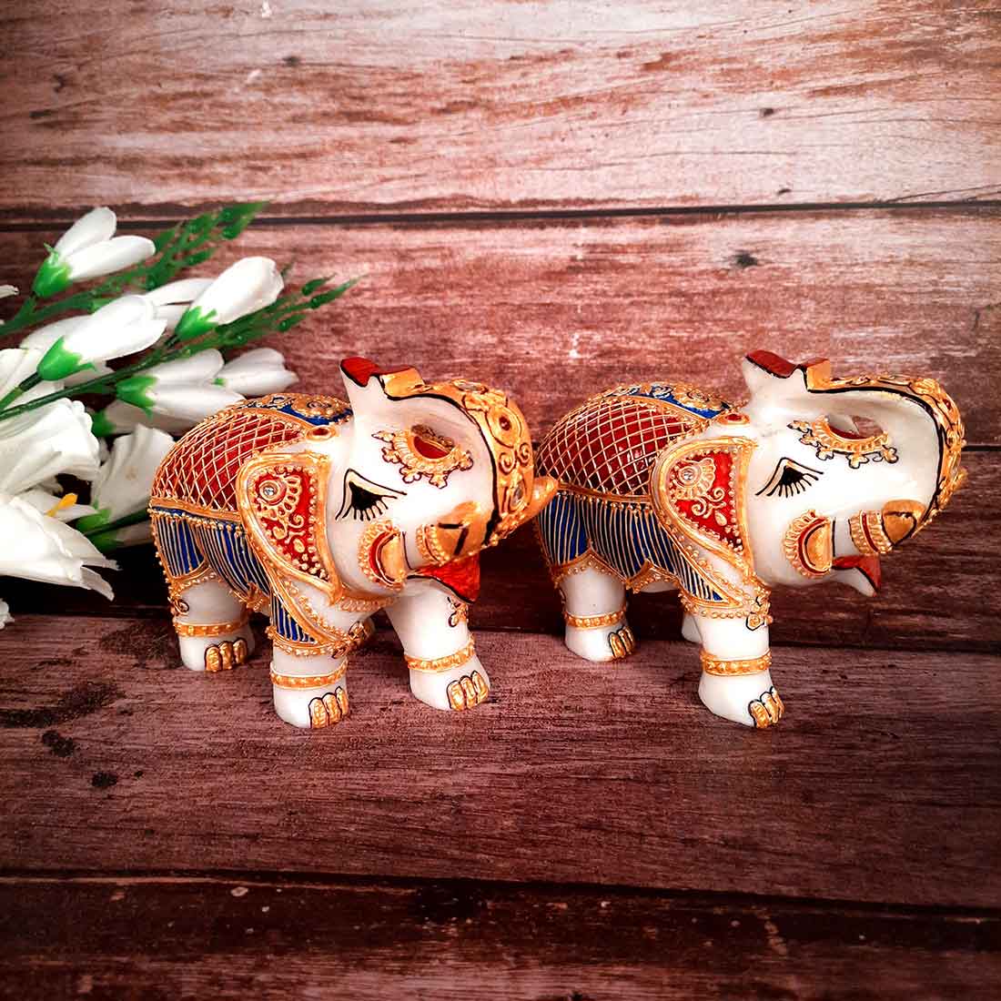 Elephant Showpiece Marbel - For Center Table & Home Decoration - 5 Inch -Set of 2 - ApkaMart