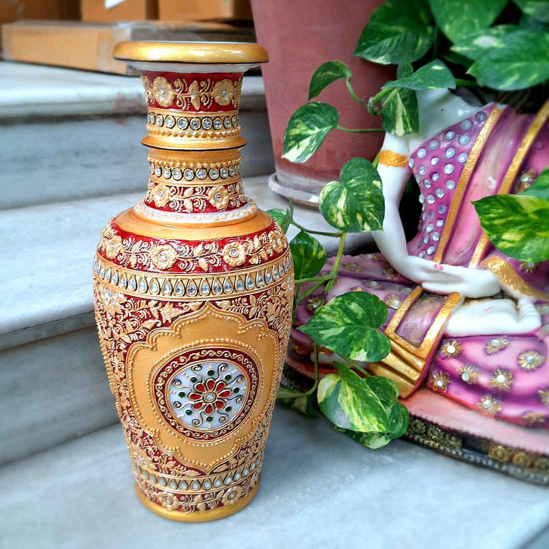 Marble Flower Vase | Decorative Flower Pot - For Living Room & Home Decor - 12 Inch - ApkaMart