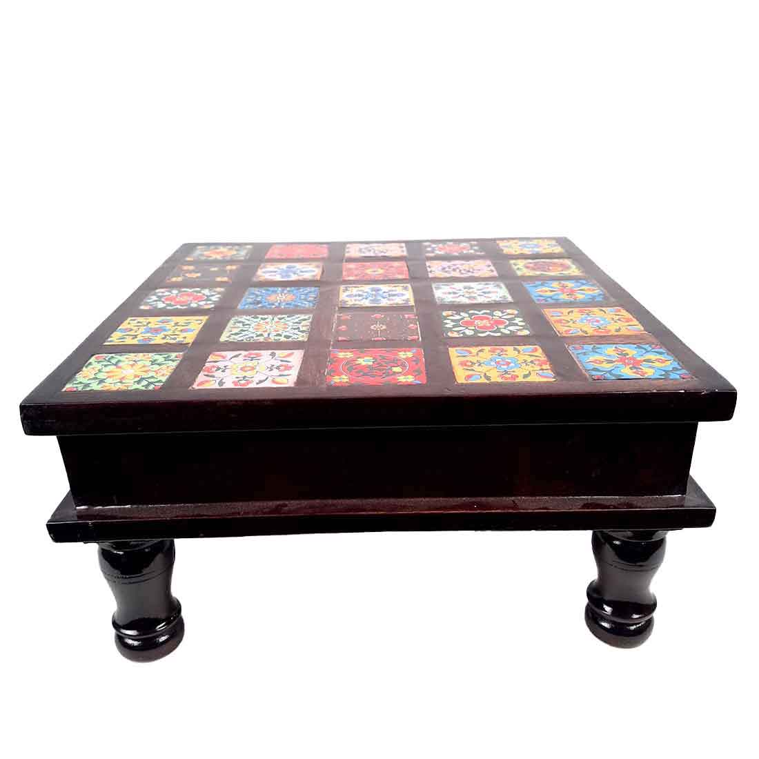 Wooden Chowki with Ceramic Tiles - For For Pooja, Weddings & Festivals - 13 Inches - ApkaMart