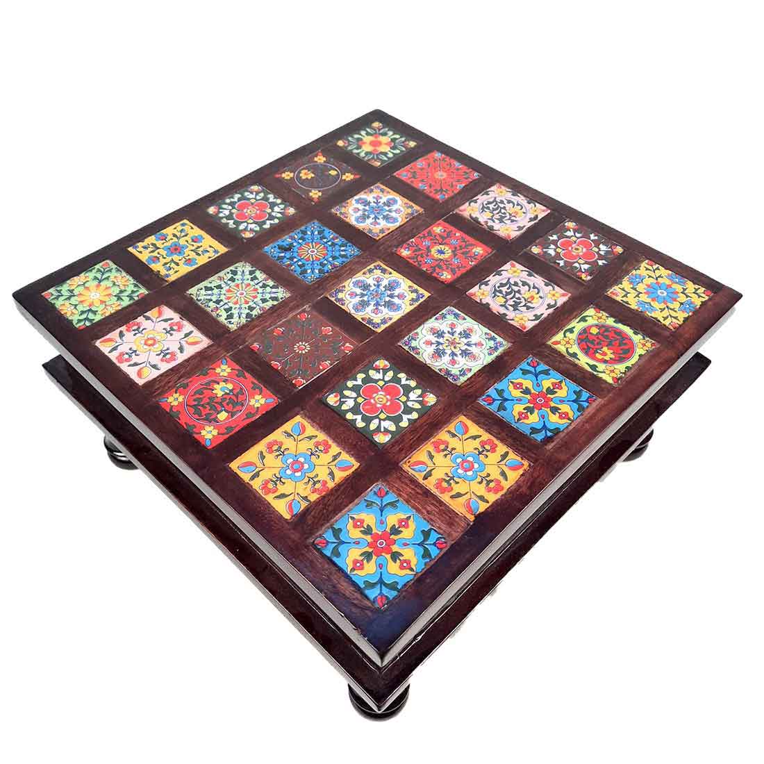 Wooden Chowki with Ceramic Tiles - For For Pooja, Weddings & Festivals - 13 Inches - ApkaMart