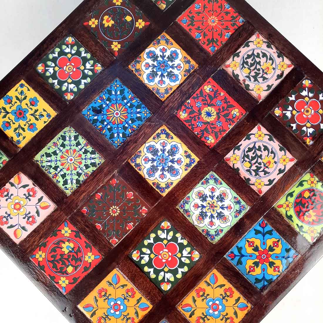 Wooden Chowki with Ceramic Tiles - For For Pooja, Weddings & Festivals - 13 Inches - ApkaMart