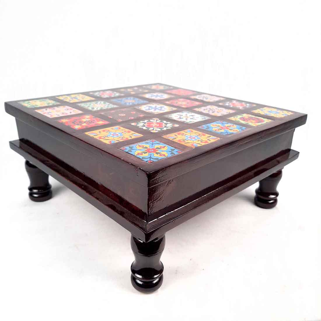 Wooden Chowki with Ceramic Tiles - For For Pooja, Weddings & Festivals - 13 Inches - ApkaMart