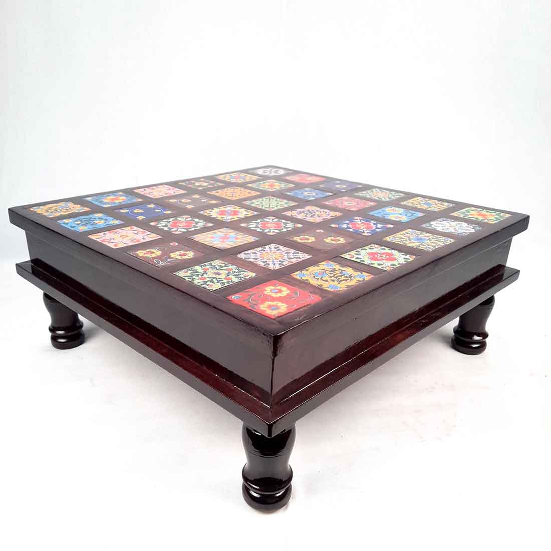 Wooden Chowki with Ceramic Tiles - For Home & Living Room Decor - 15 Inch - ApkaMart
