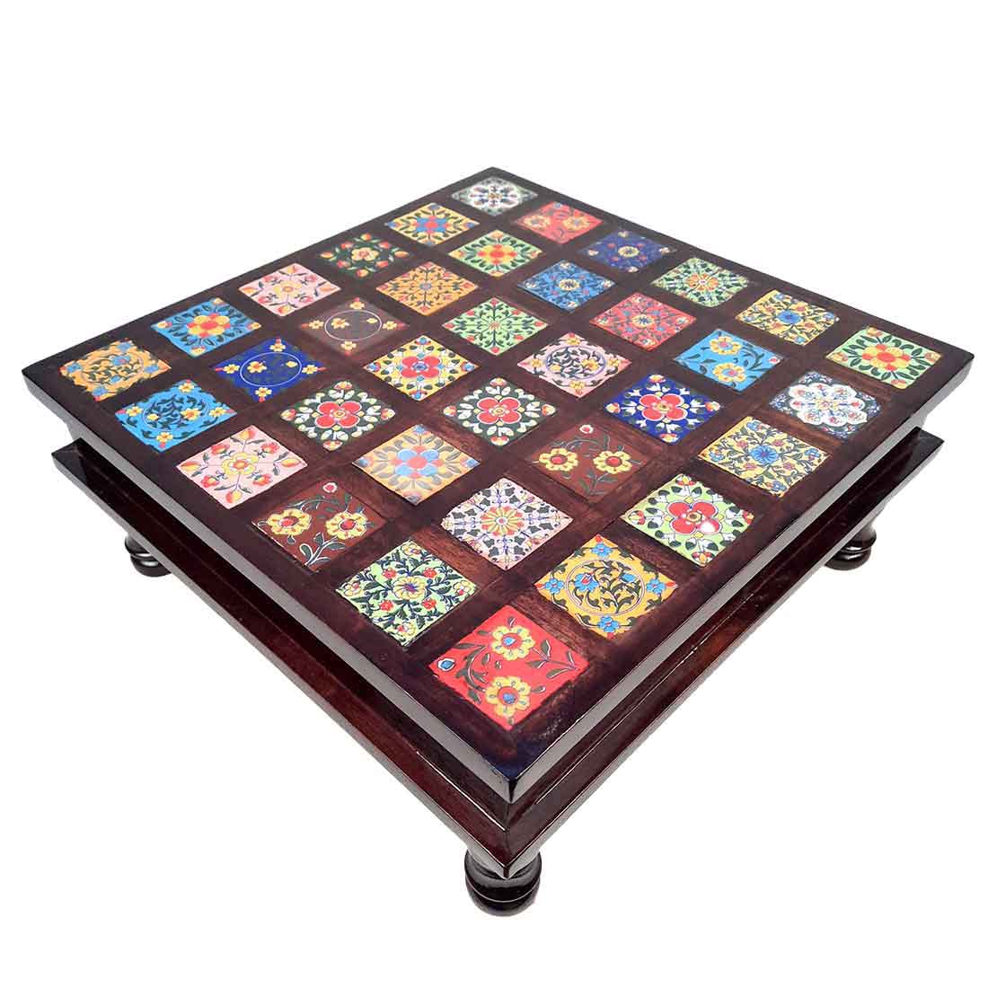 Wooden Chowki with Ceramic Tiles - For Home & Living Room Decor - 15 Inch - ApkaMart