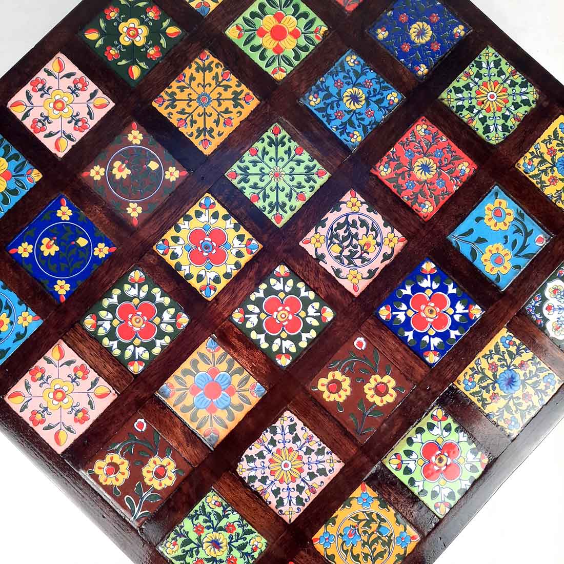 Wooden Chowki with Ceramic Tiles - For Home & Living Room Decor - 15 Inch - ApkaMart