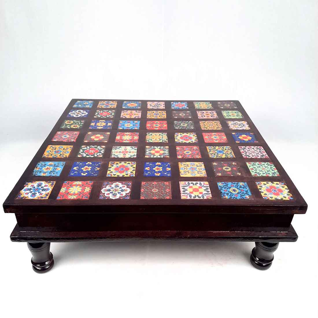 Wooden Chowki with Ceramic Tiles - For Home & Living Room Decor - 15 Inch - ApkaMart