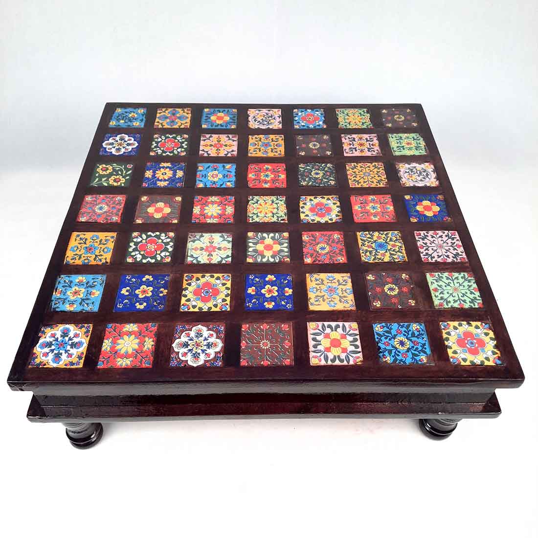 Wooden Chowki with Ceramic Tiles - For For Pooja, Weddings & Festivals - 17 Inch - ApkaMart