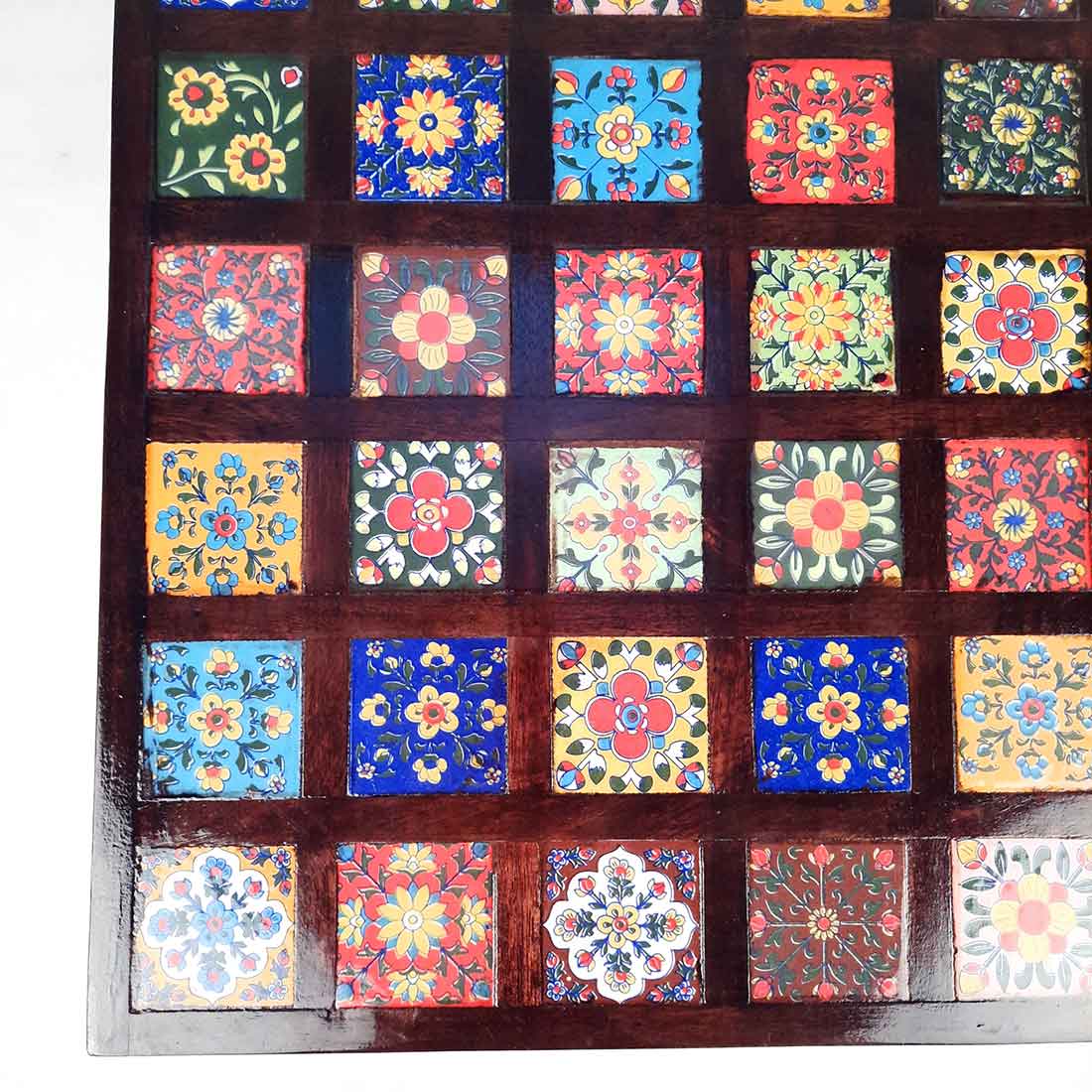 Wooden Chowki with Ceramic Tiles - For Home & Living Room Decor - 15 Inch - ApkaMart