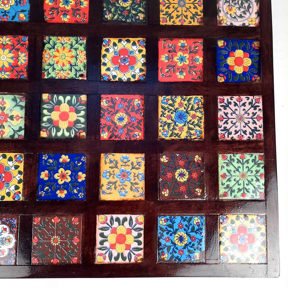 Wooden Chowki with Ceramic Tiles - For For Pooja, Weddings & Festivals - 17 Inch - ApkaMart