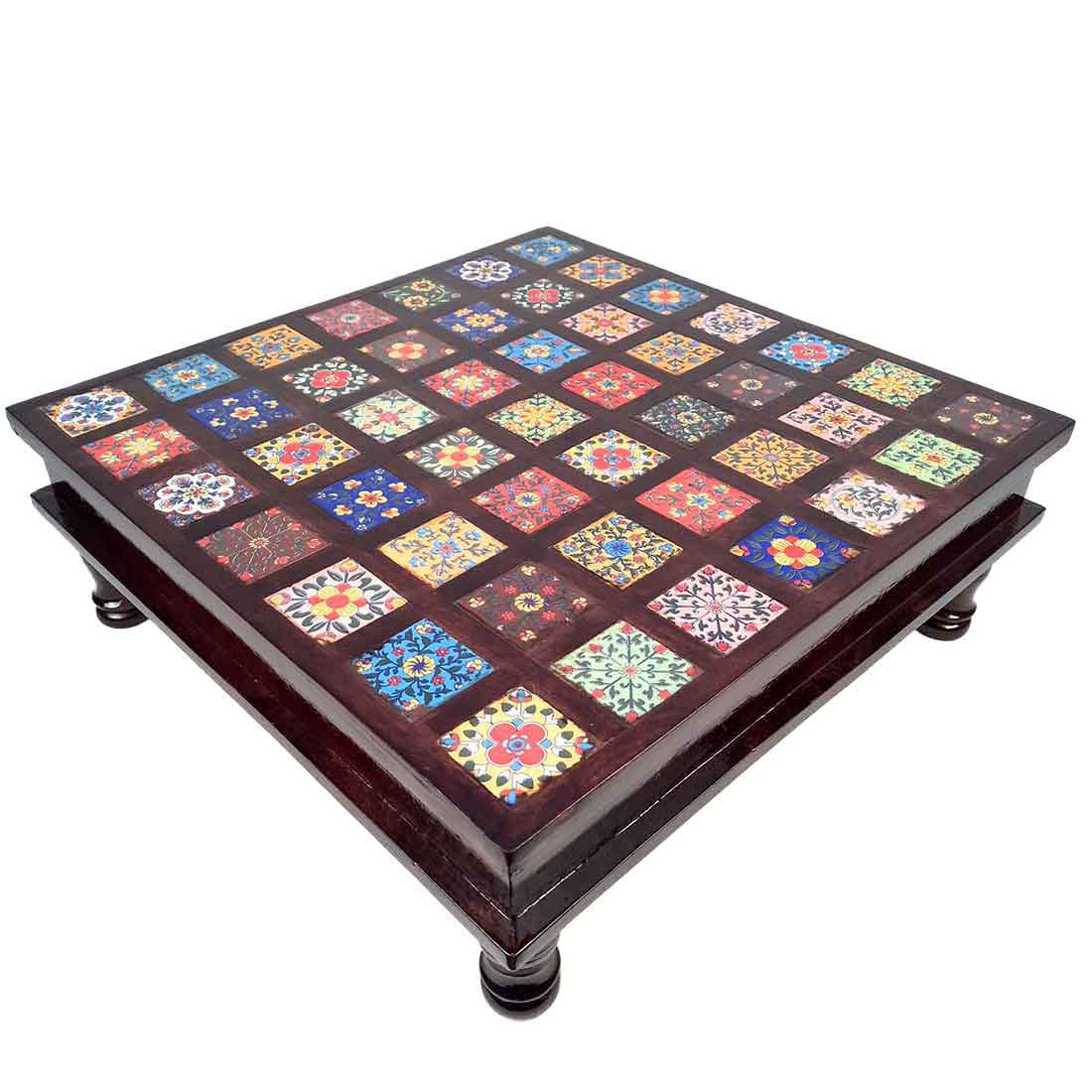Wooden Chowki with Ceramic Tiles - For For Pooja, Weddings & Festivals - 17 Inch - ApkaMart