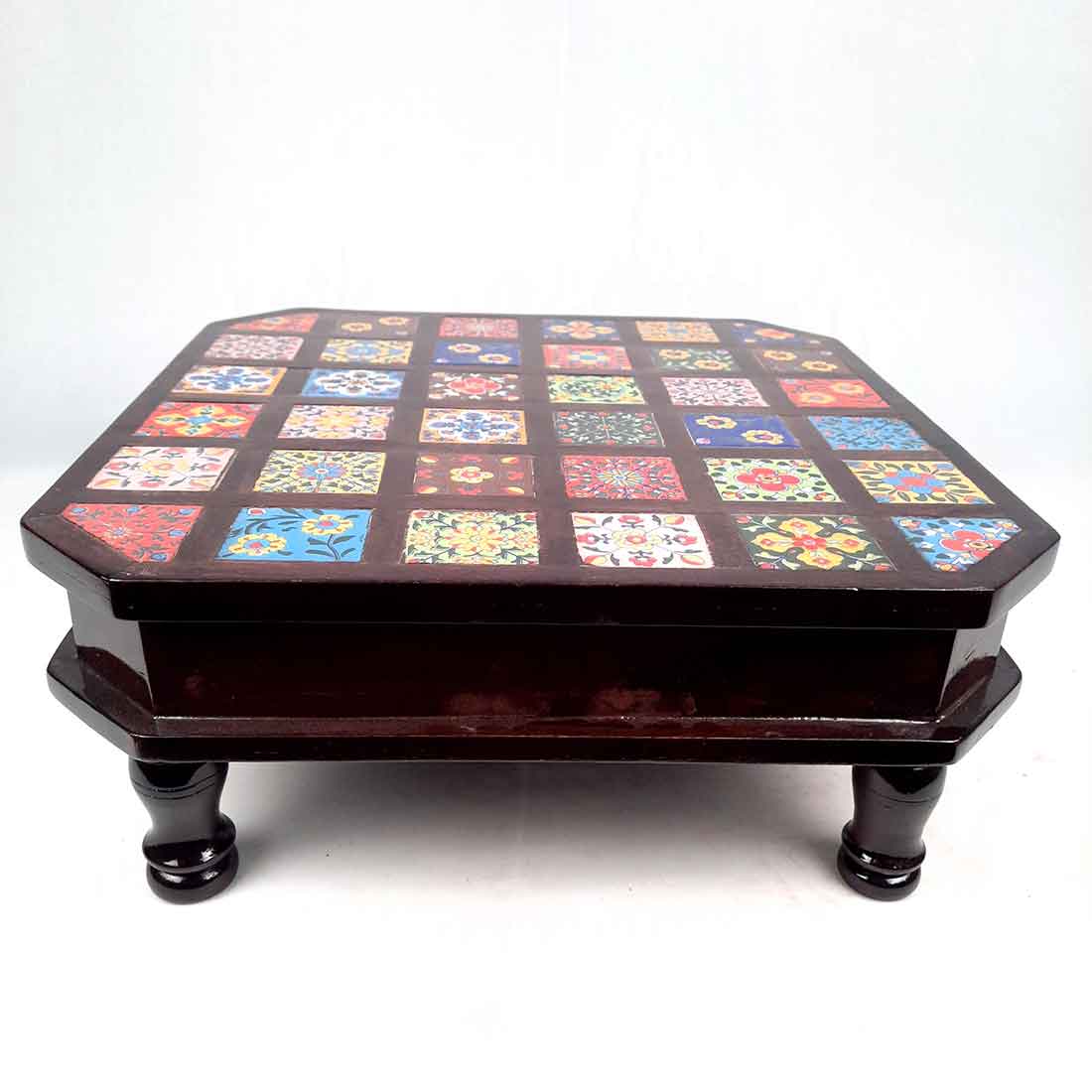 Wooden Chowki with Ceramic Tiles - For For Pooja, Weddings & Festivals - 14 Inch - ApkaMart