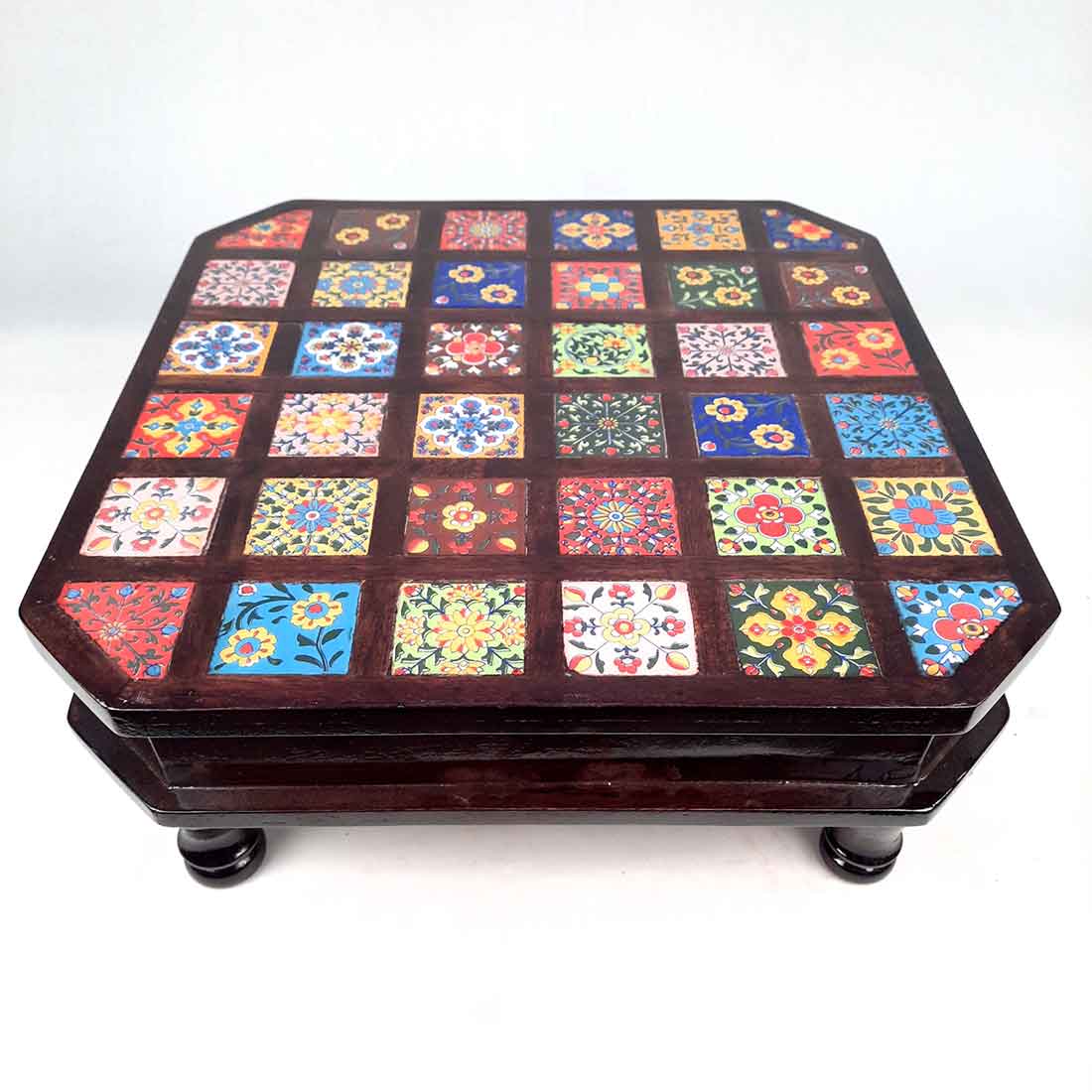 Wooden Chowki with Ceramic Tiles - For For Pooja, Weddings & Festivals - 14 Inch - ApkaMart