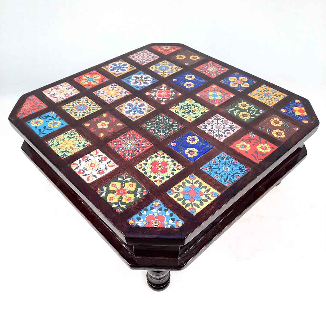 Wooden Chowki with Ceramic Tiles - For For Pooja, Weddings & Festivals - 14 Inch - ApkaMart