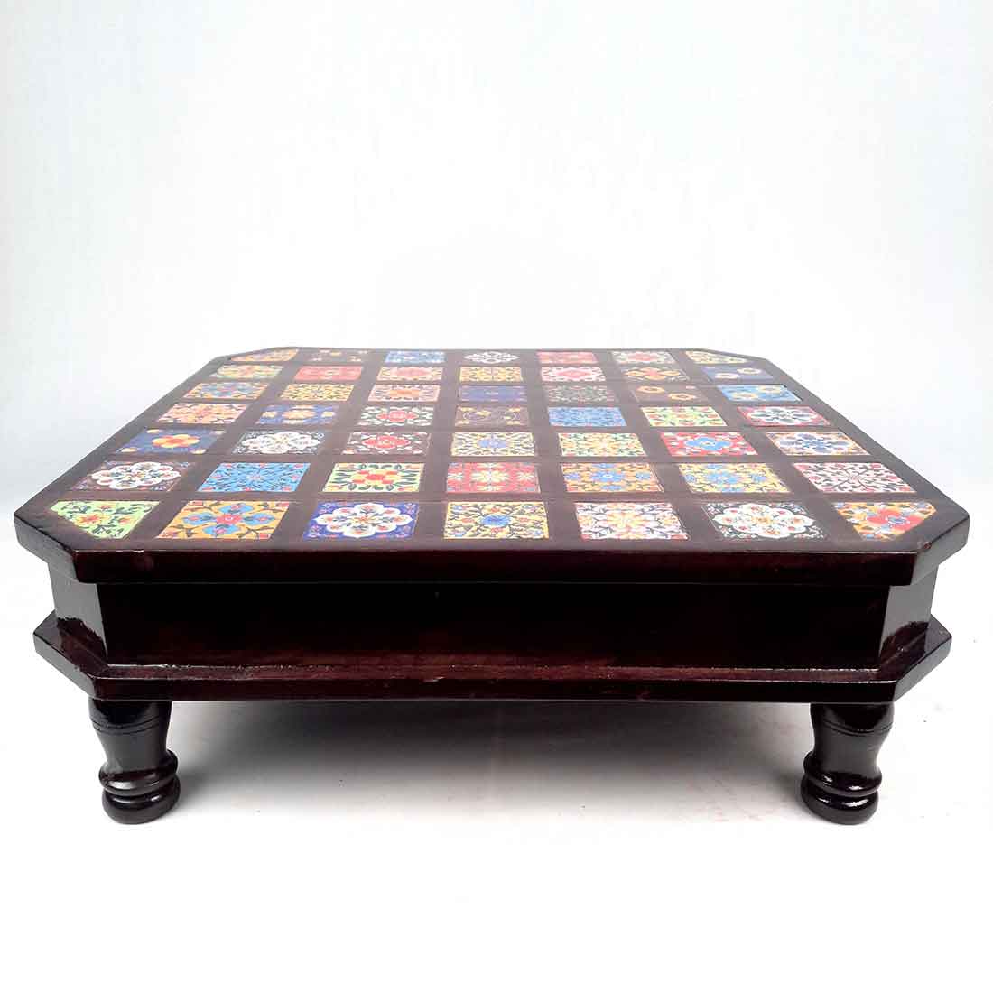Wooden Chowki with Ceramic Tiles - For Home & Living Room Decor -18 Inch - ApkaMart