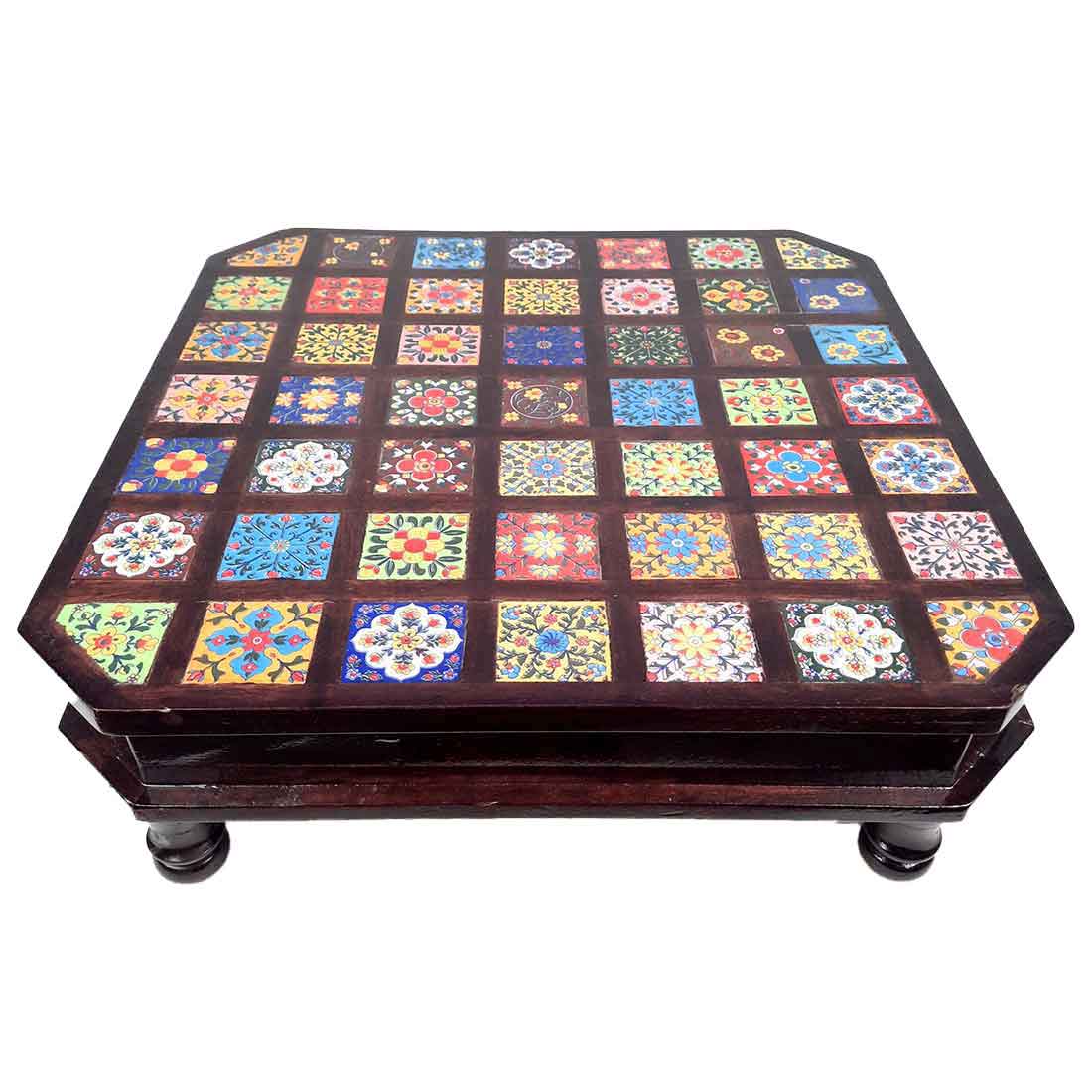 Wooden Chowki with Ceramic Tiles - For Home & Living Room Decor -18 Inch - ApkaMart