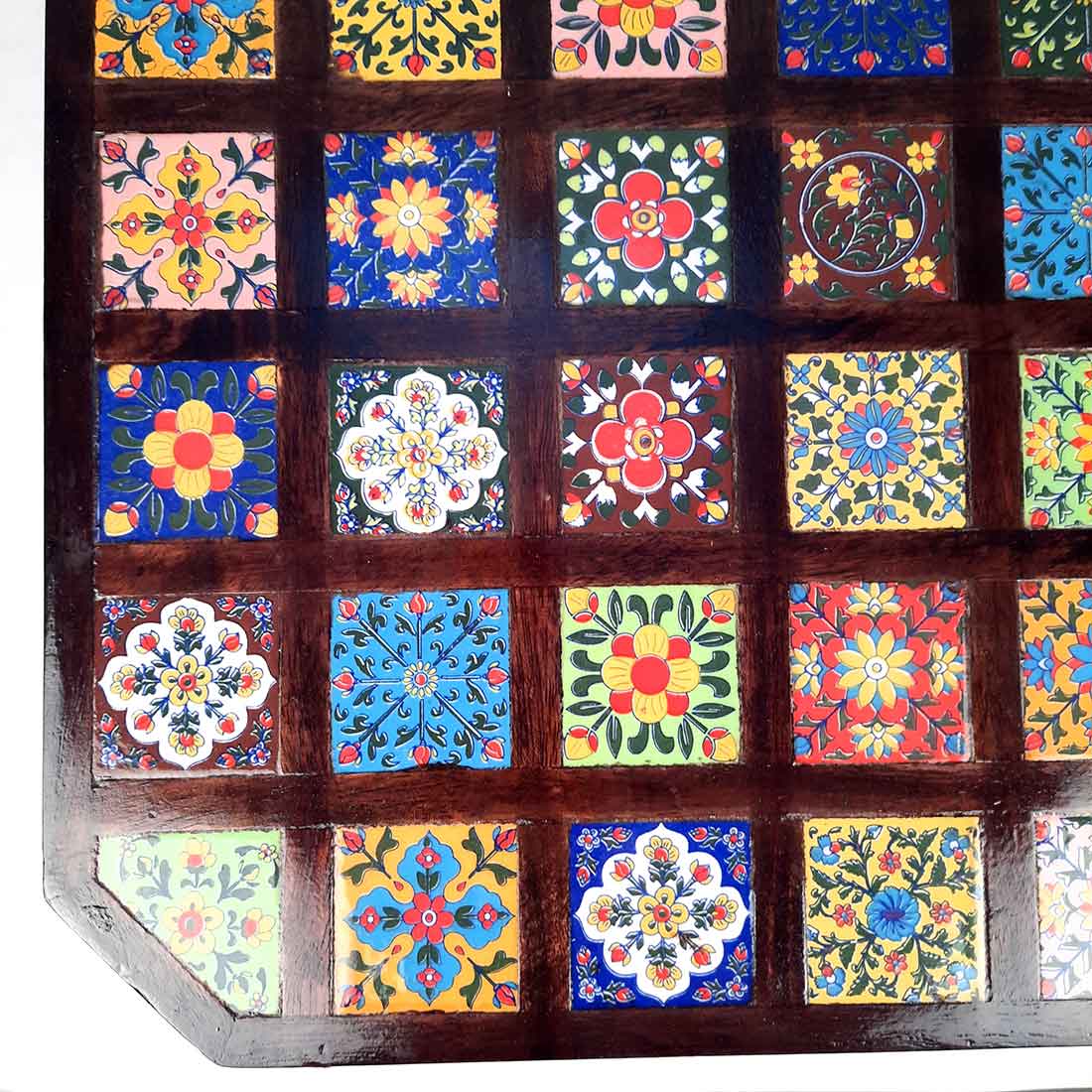 Wooden Chowki with Ceramic Tiles - For Home & Living Room Decor -18 Inch - ApkaMart