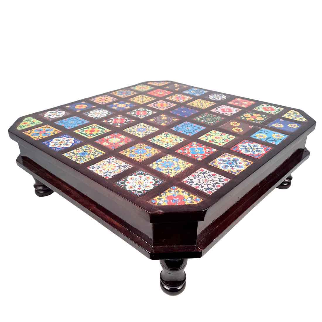 Wooden Chowki with Ceramic Tiles - For Home & Living Room Decor -18 Inch - ApkaMart