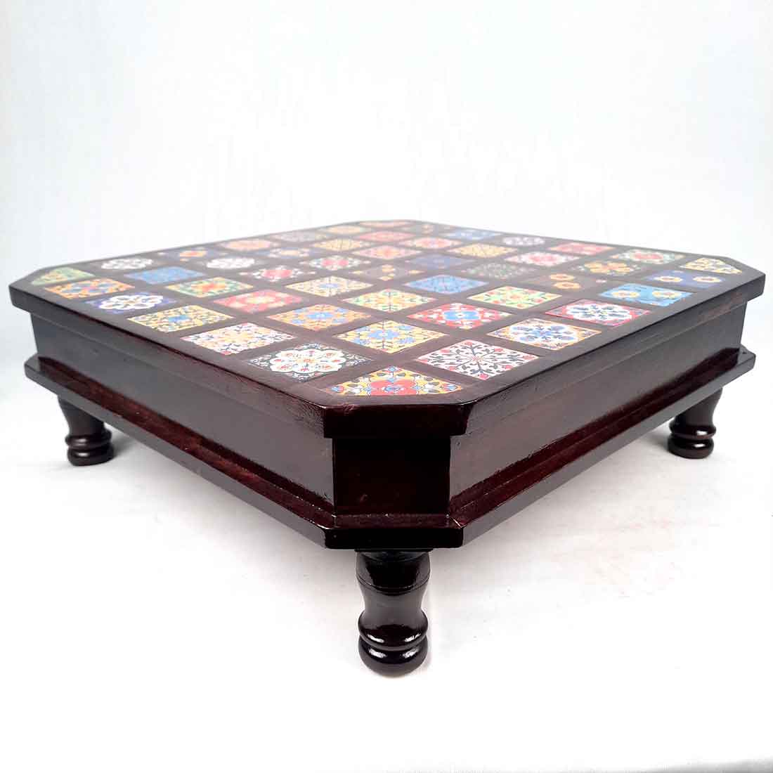 Wooden Chowki with Ceramic Tiles - For Home & Living Room Decor -18 Inch - ApkaMart