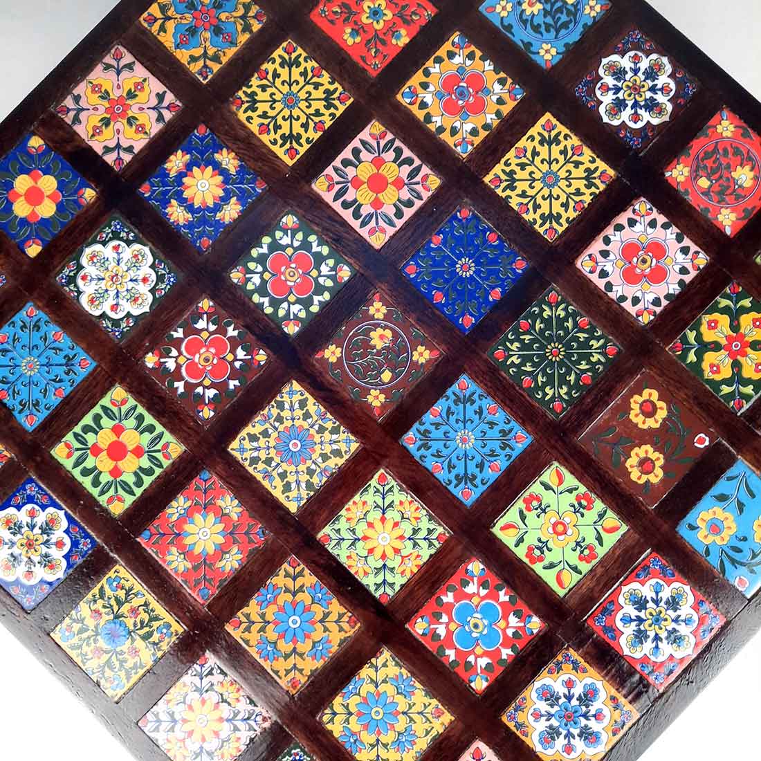 Wooden Chowki with Ceramic Tiles - For Home & Living Room Decor -18 Inch - ApkaMart