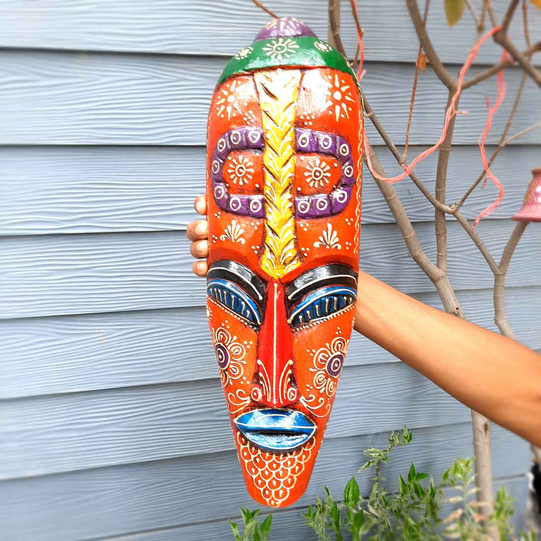 Tribal Mask Wall Hanging - for Home | Office | Cafes & Home Interior Decor - 18 inch - Apkamart #Color_Orange