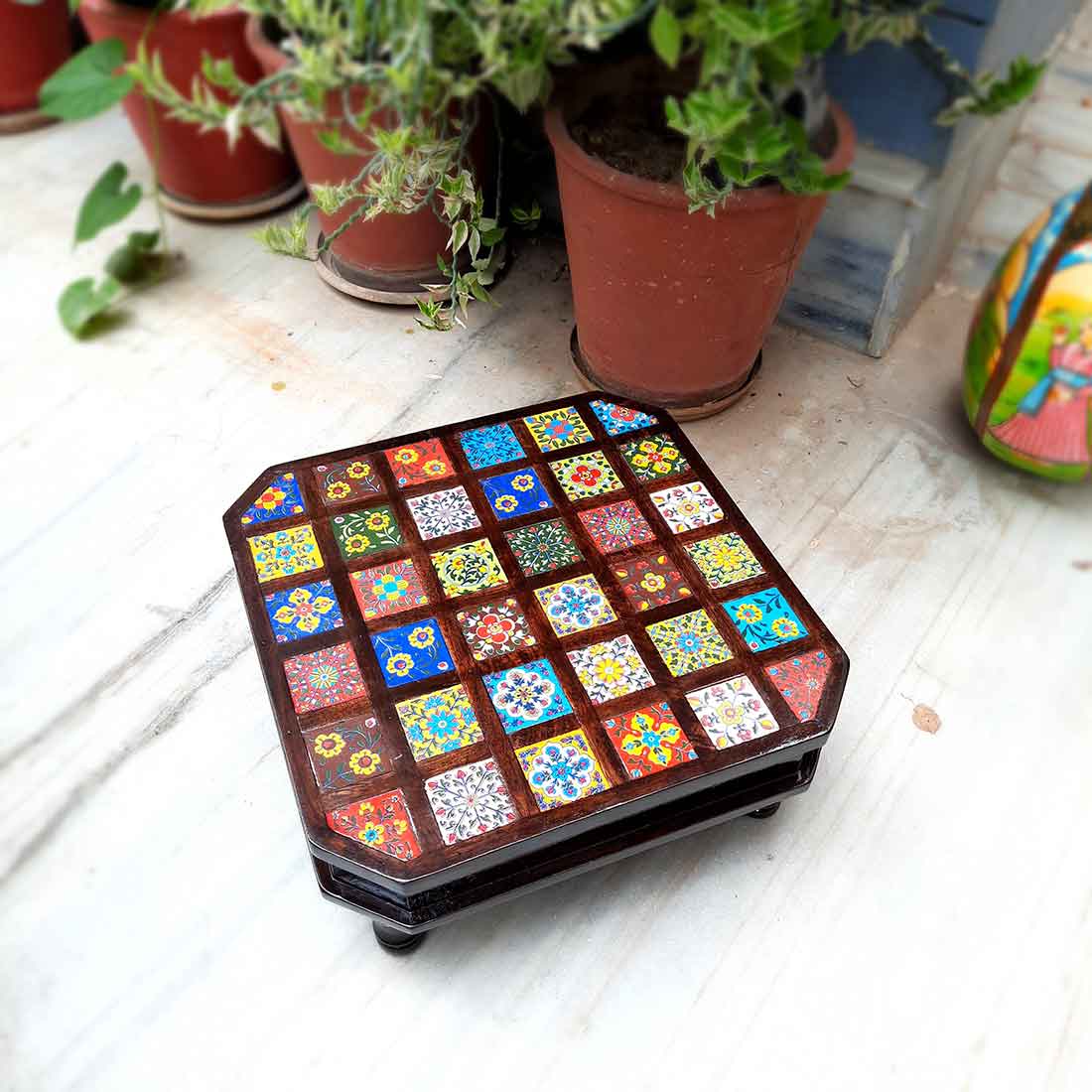 Wooden Chowki with Ceramic Tiles - For For Pooja, Weddings & Festivals - 14 Inch - ApkaMart