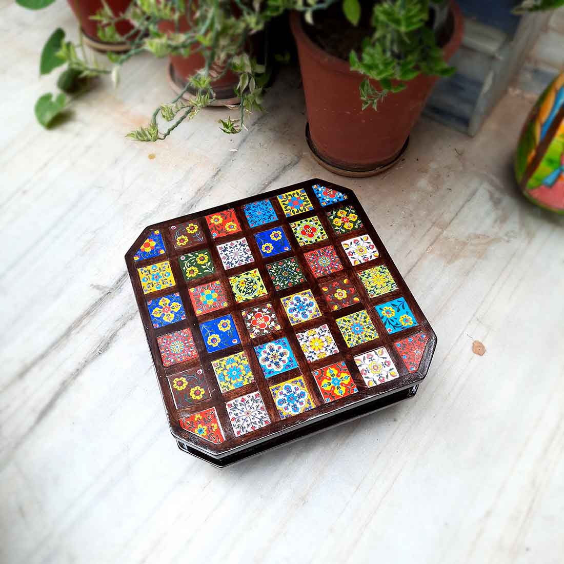 Wooden Chowki with Ceramic Tiles - For For Pooja, Weddings & Festivals - 14 Inch - ApkaMart