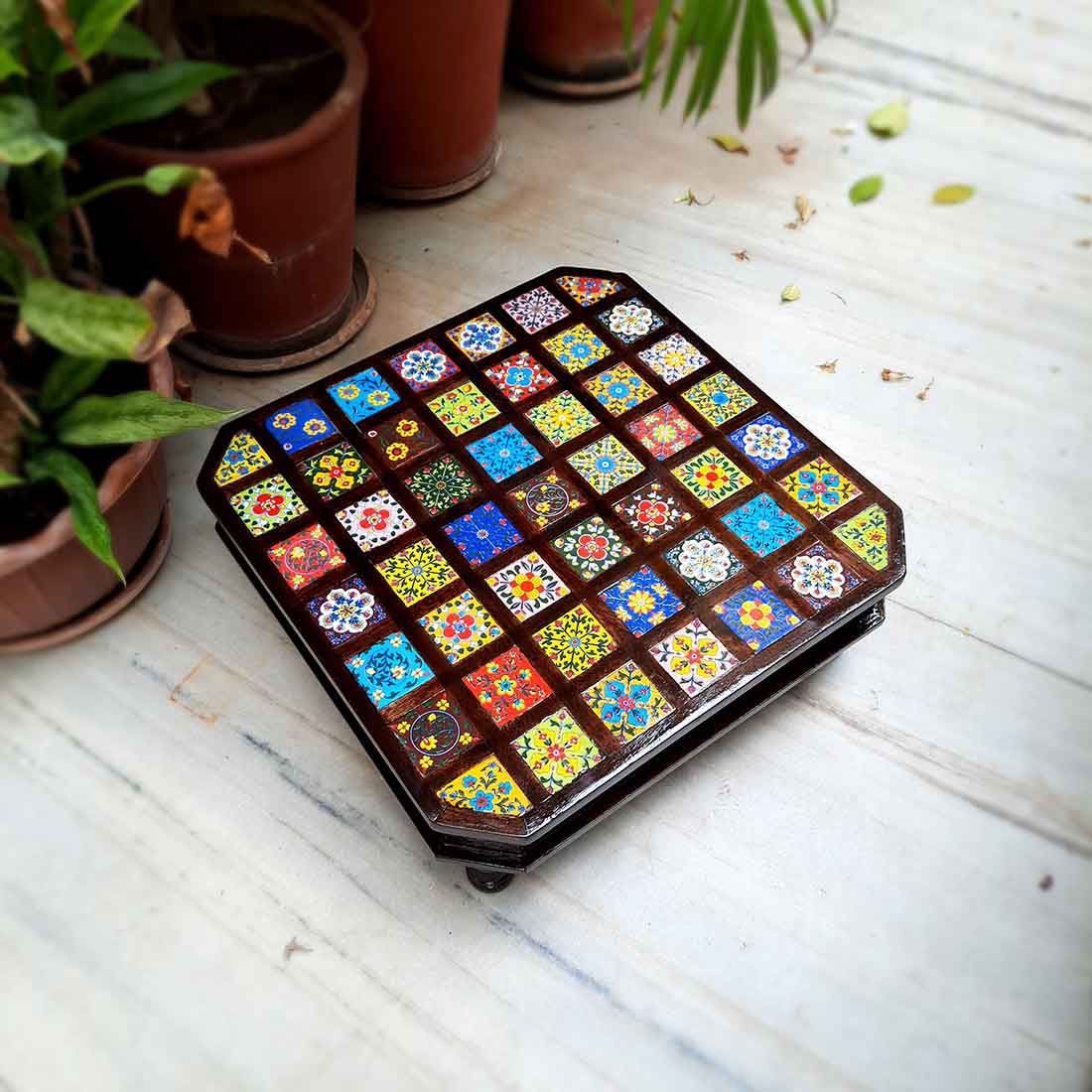 Wooden Chowki with Ceramic Tiles - For Home & Living Room Decor -18 Inch - ApkaMart