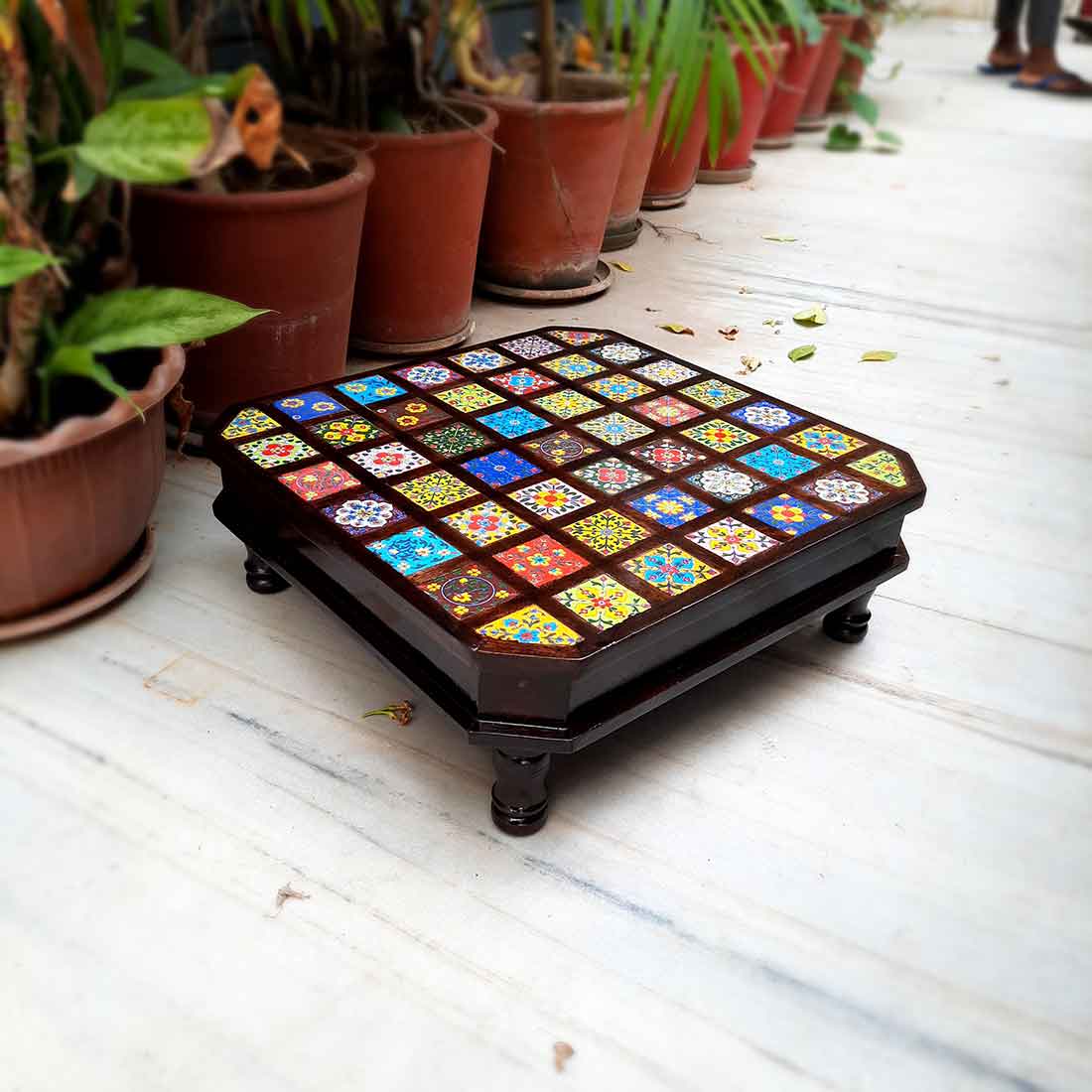 Wooden Chowki with Ceramic Tiles - For Home & Living Room Decor -18 Inch - ApkaMart