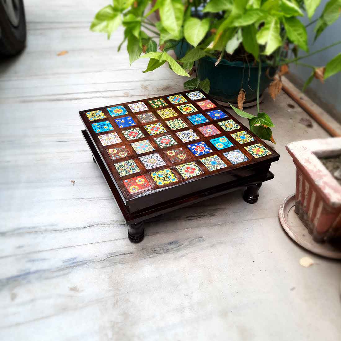 Wooden Chowki with Ceramic Tiles - For Home & Living Room Decor - 15 Inch - ApkaMart
