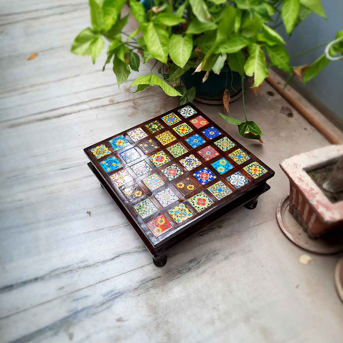Wooden Chowki with Ceramic Tiles - For Home & Living Room Decor - 15 Inch - ApkaMart