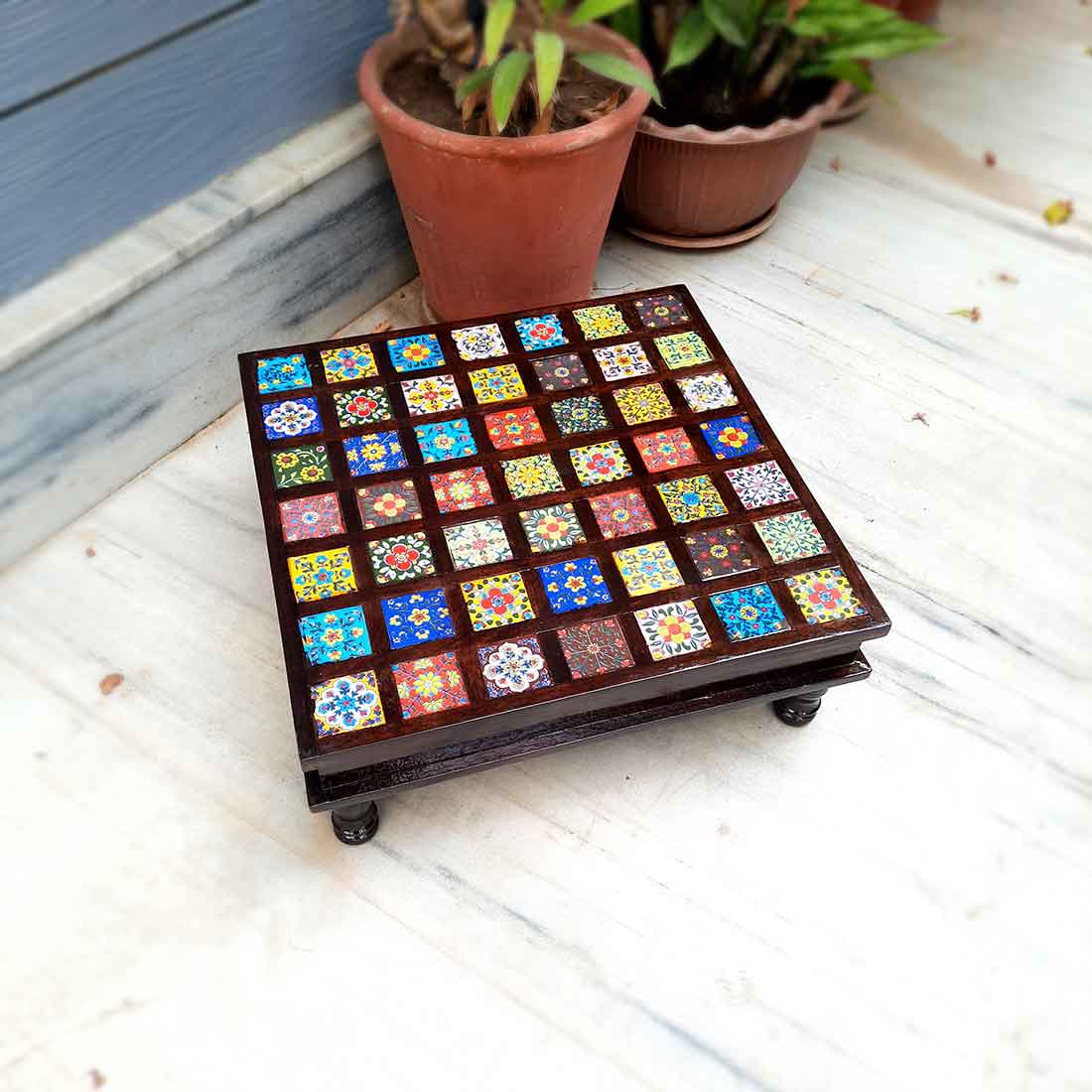 Wooden Chowki with Ceramic Tiles - For For Pooja, Weddings & Festivals - 17 Inch - ApkaMart