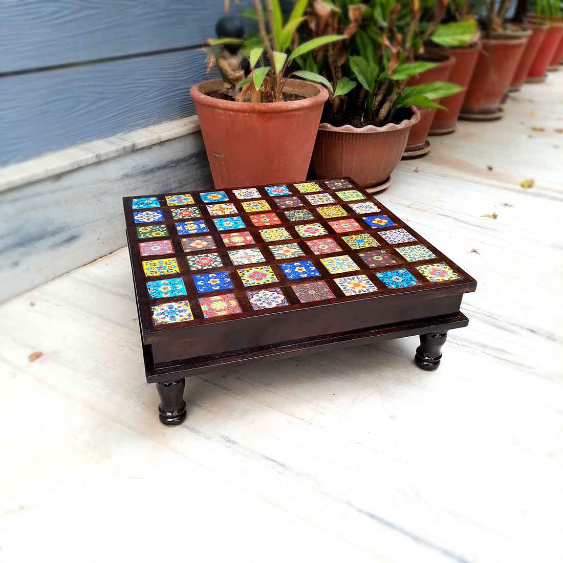 Wooden Chowki with Ceramic Tiles - For For Pooja, Weddings & Festivals - 17 Inch - ApkaMart