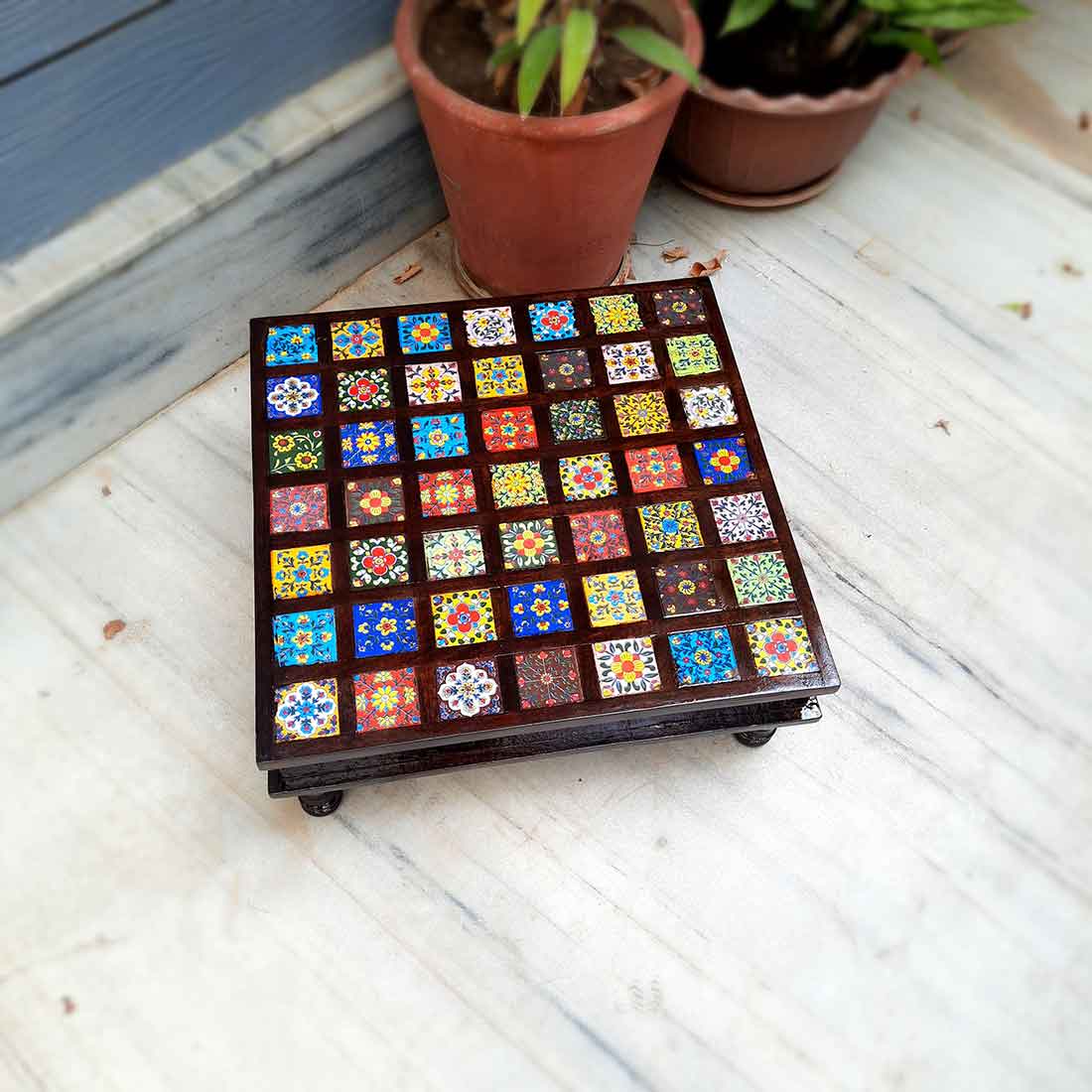 Wooden Chowki with Ceramic Tiles - For For Pooja, Weddings & Festivals - 17 Inch - ApkaMart