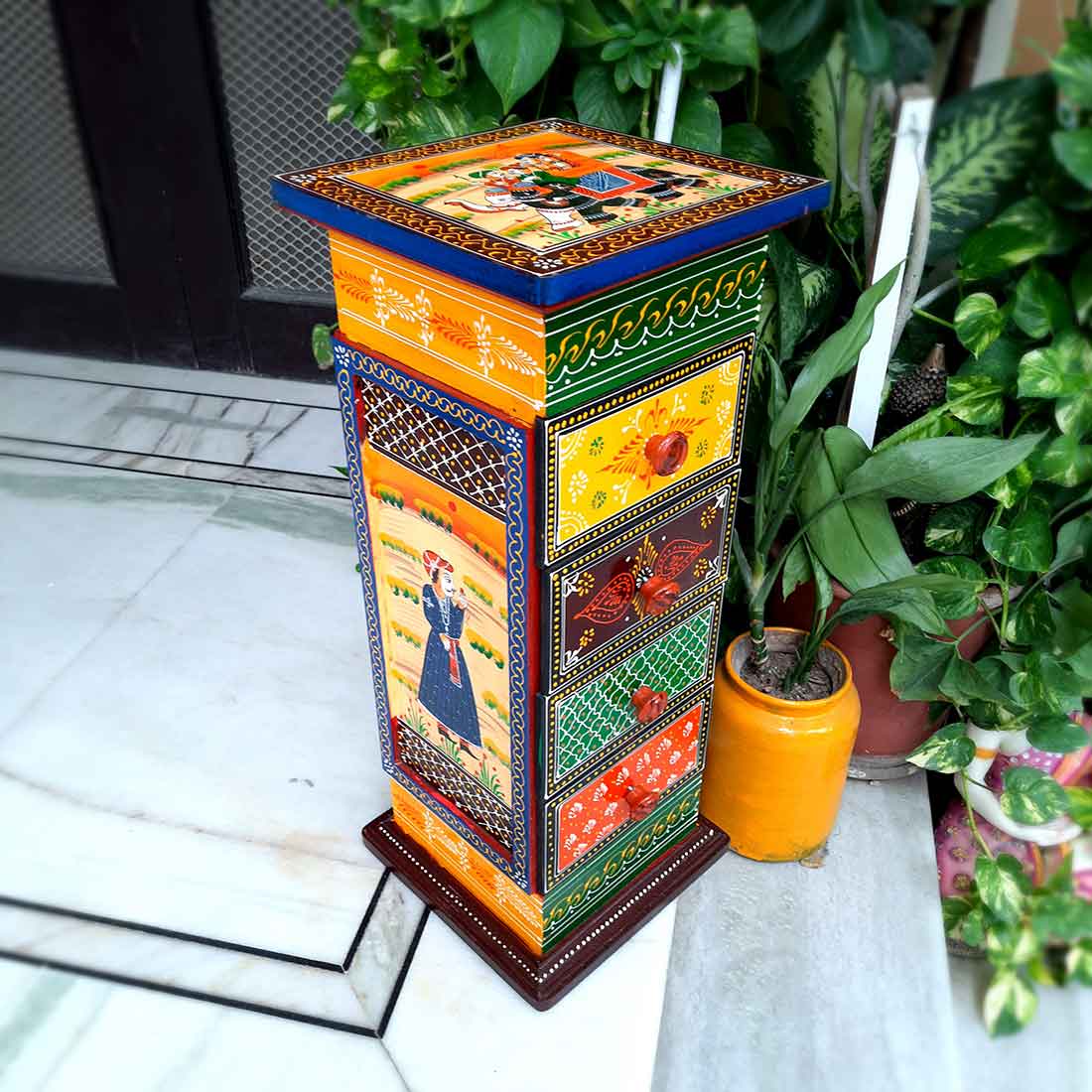 Corner Pillar 4 Drawer Rack - For Living Room & Interiors Decor - 24 Inch - ApkaMart