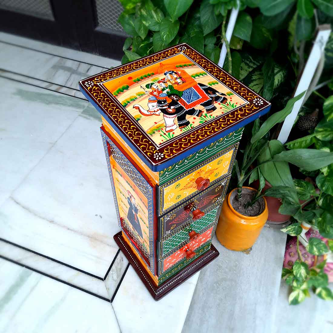 Corner Pillar 4 Drawer Rack - For Living Room & Interiors Decor - 24 Inch - ApkaMart