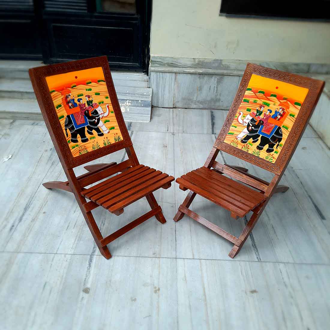Wooden Chair Set | Wood Folding Garden Chairs | Handicraft Patio Furniture - for Home Decor, Living Room, In-Door, Out-Door, Terrace, Balcony & Gift - 36 Inch (Set of 2)
