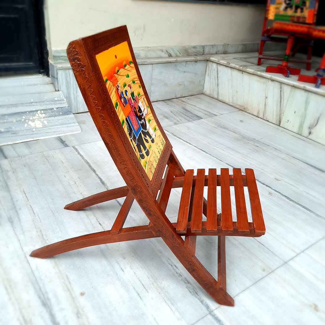 Wooden Chair With Side Tables Set | Wood Folding Chairs For Sitting With Stools | Garden Table Chair Set - for Home Decor, Living Room, Patio, Terrace, Balcony, Outdoor & Gift - (Set of 4)