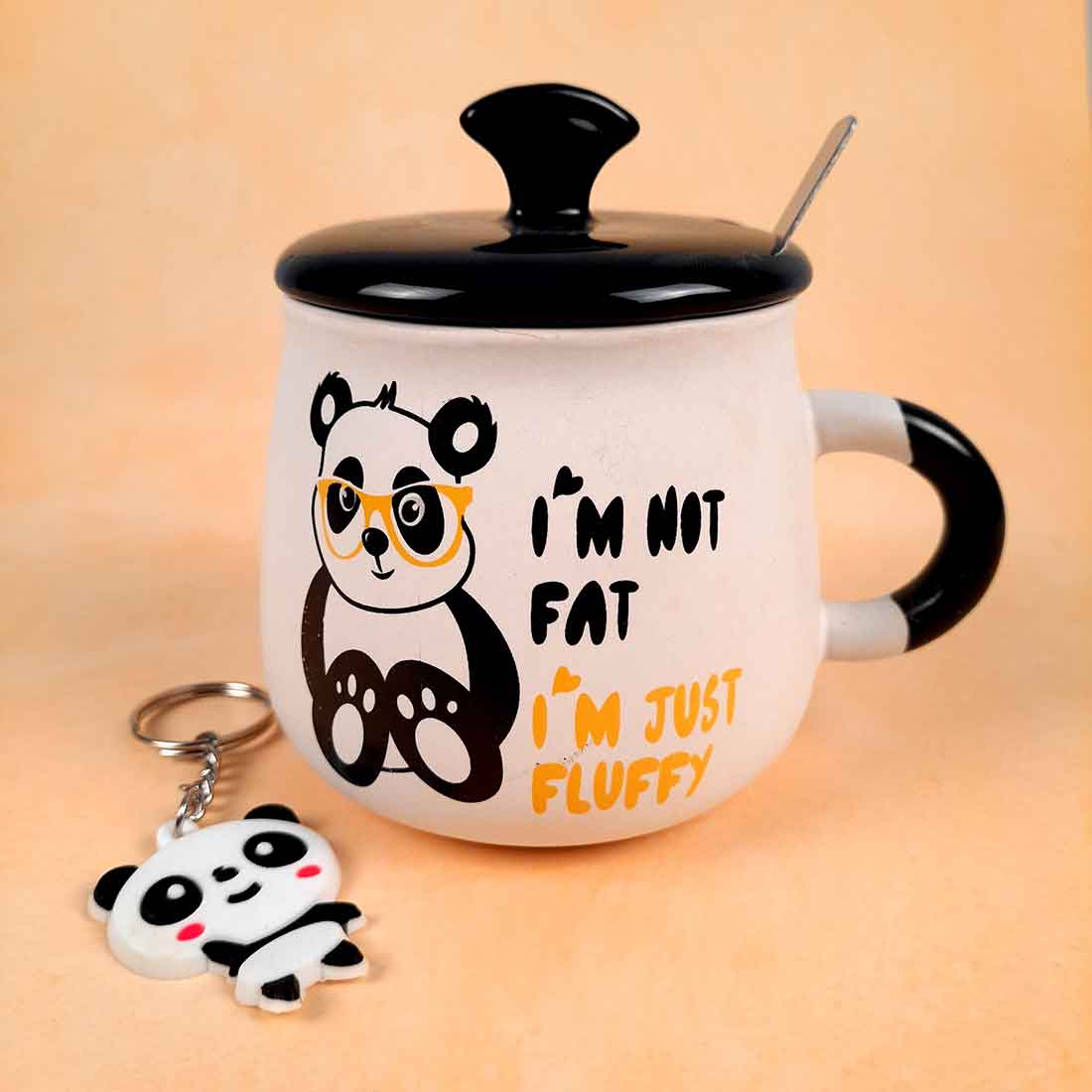 Fluffy Panda Coffee Mug with Lid ,Spoon & Key Chain - for Tea, Coffee & Gifts - ApkaMart